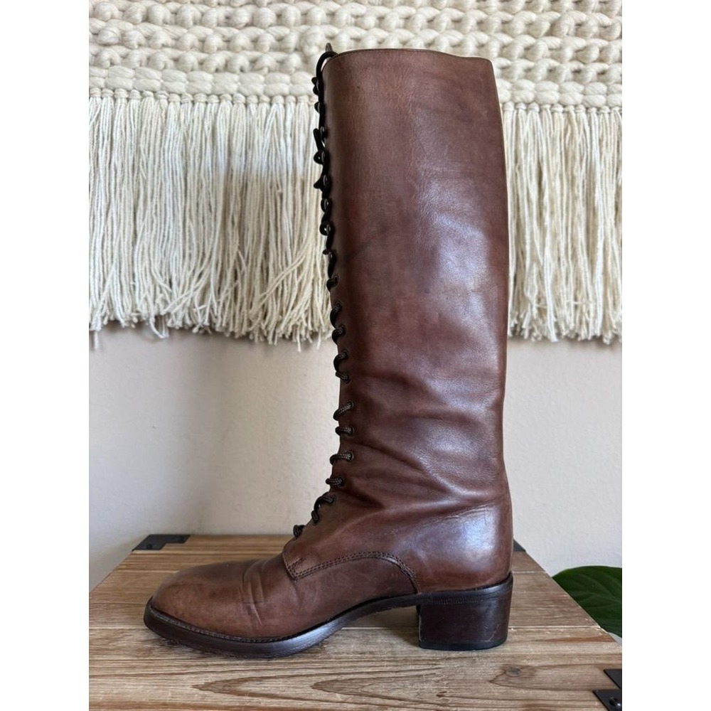 90s Vintage Charles David Brown Leather Lace Up Knee High Riding Boots Size 8 - Picture 11 of 16